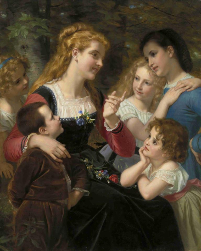 Contes enfantines,Hugues Merle,Oil Painting,Oil Painting, fine art parody, multiple girls, blonde hair