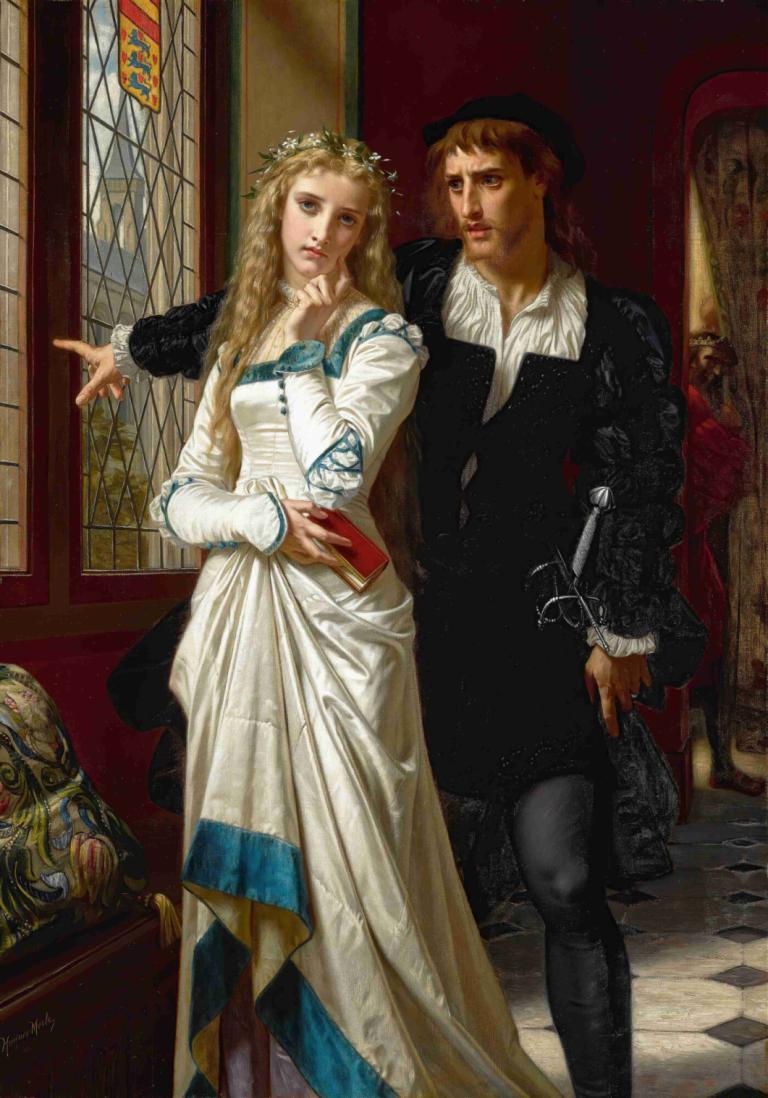 Hamlet And Ophelia,Hugues Merle,Oil Painting,Oil Painting, fine art parody, 1girl, blonde hair, parody, dress