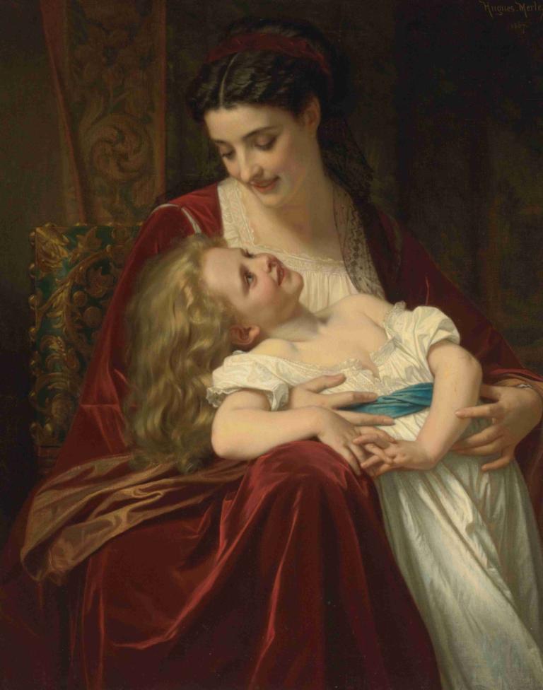 Maternal Affection,Materinska naklonjenost,Hugues Merle,Oljna slika,Oljna slika, likovna parodija, več deklet