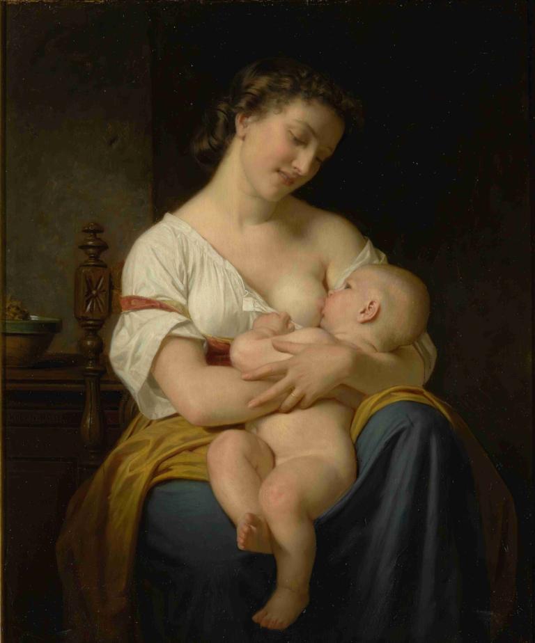 Mother And Child,Hugues Merle,Oil Painting,Oil Painting, baby, fine art parody, breastfeeding, 1girl, 1boy