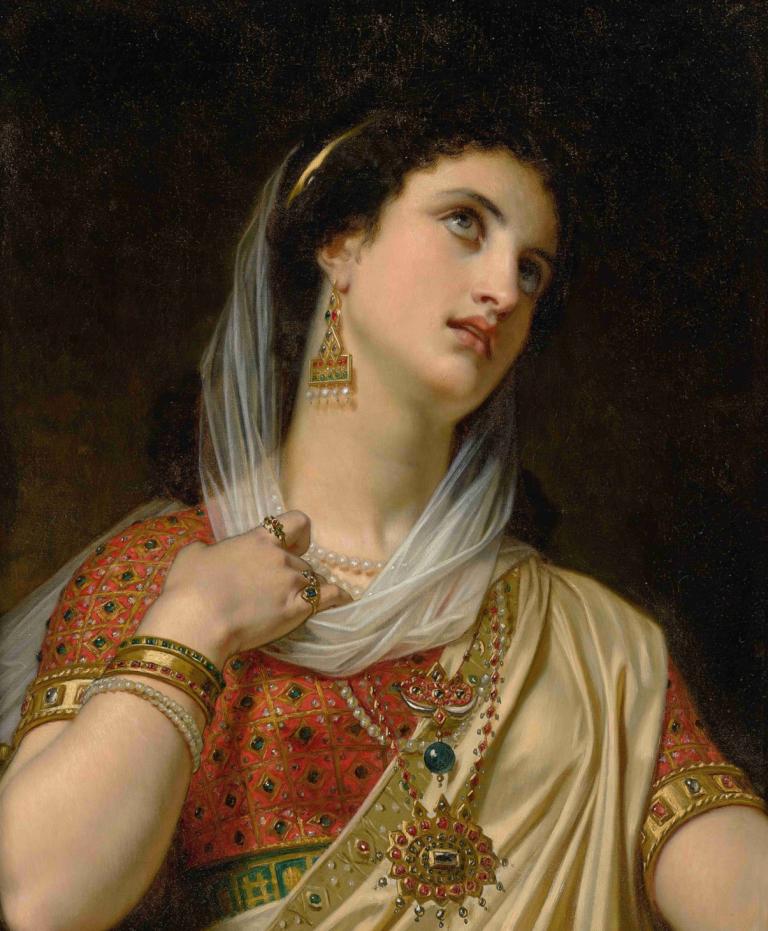 Queen Esther,Hugues Merle,Oil Painting,Oil Painting, jewelry, solo, 1girl, realistic, necklace, earrings