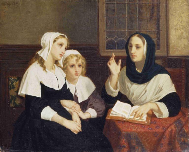 Reading the Bible,Hugues Merle,Oil Painting,Oil Painting, fine art parody, multiple girls, book, 3girls