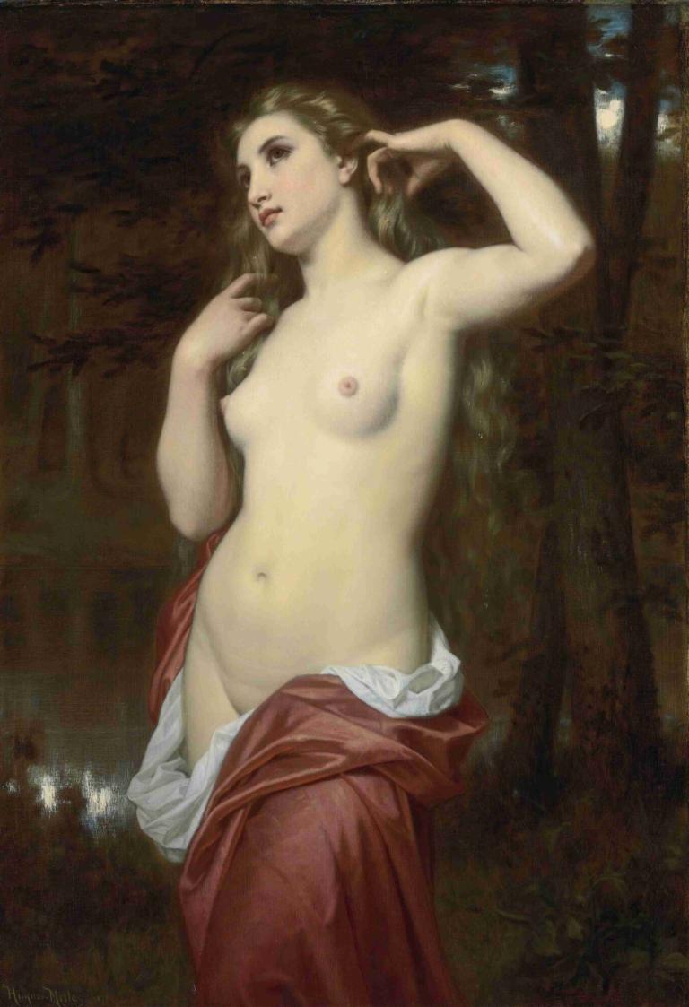 The Bather,Hugues Merle,Oil Painting,Oil Painting, 1girl, solo, nipples, breasts, fine art parody, realistic