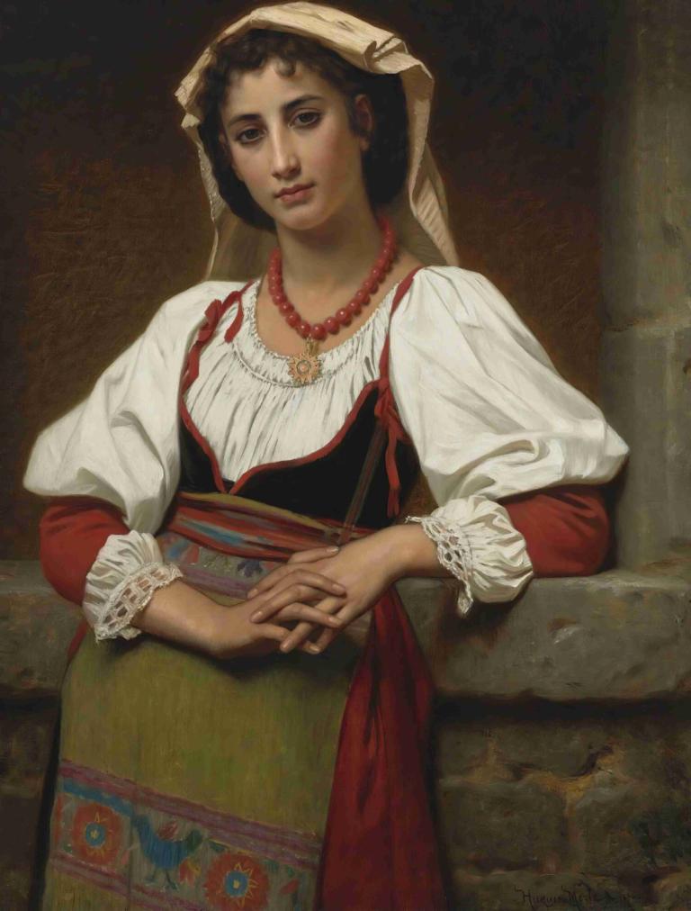 The Neapolitan Girl,Hugues Merle,Oil Painting,Oil Painting, fine art parody, 1girl, solo, necklace, jewelry