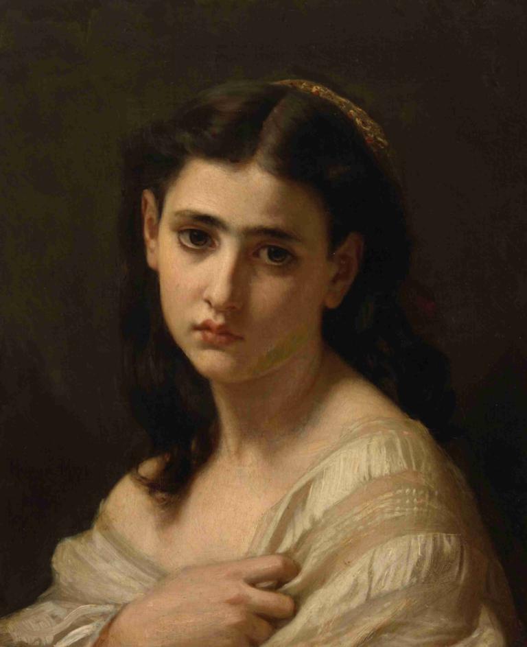 Thoughts far away,Hugues Merle,Oil Painting,Oil Painting, solo, 1girl, realistic, fine art parody