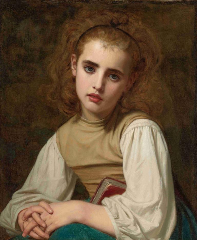 Young Beauty,Hugues Merle,Oil Painting,Oil Painting, 1girl, solo, realistic, blonde hair, book, blue eyes