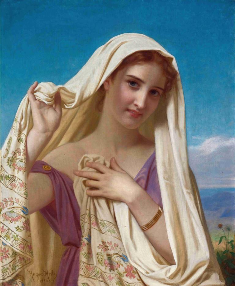 Young Girl In A Veil,戴面纱的少女,Hugues Merle,雨果-梅尔,油画,油画, 1个女孩, 独奏, 蓝眼睛, 实际的, 户外, 美术模仿, 天, 裙子, 天空, 手镯, 看着观众, 珠宝