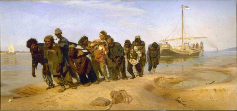 Barge Haulers on the Volga,Ilya Efimovich Repin,Oil Painting,Oil Painting, multiple boys, watercraft, 6+boys