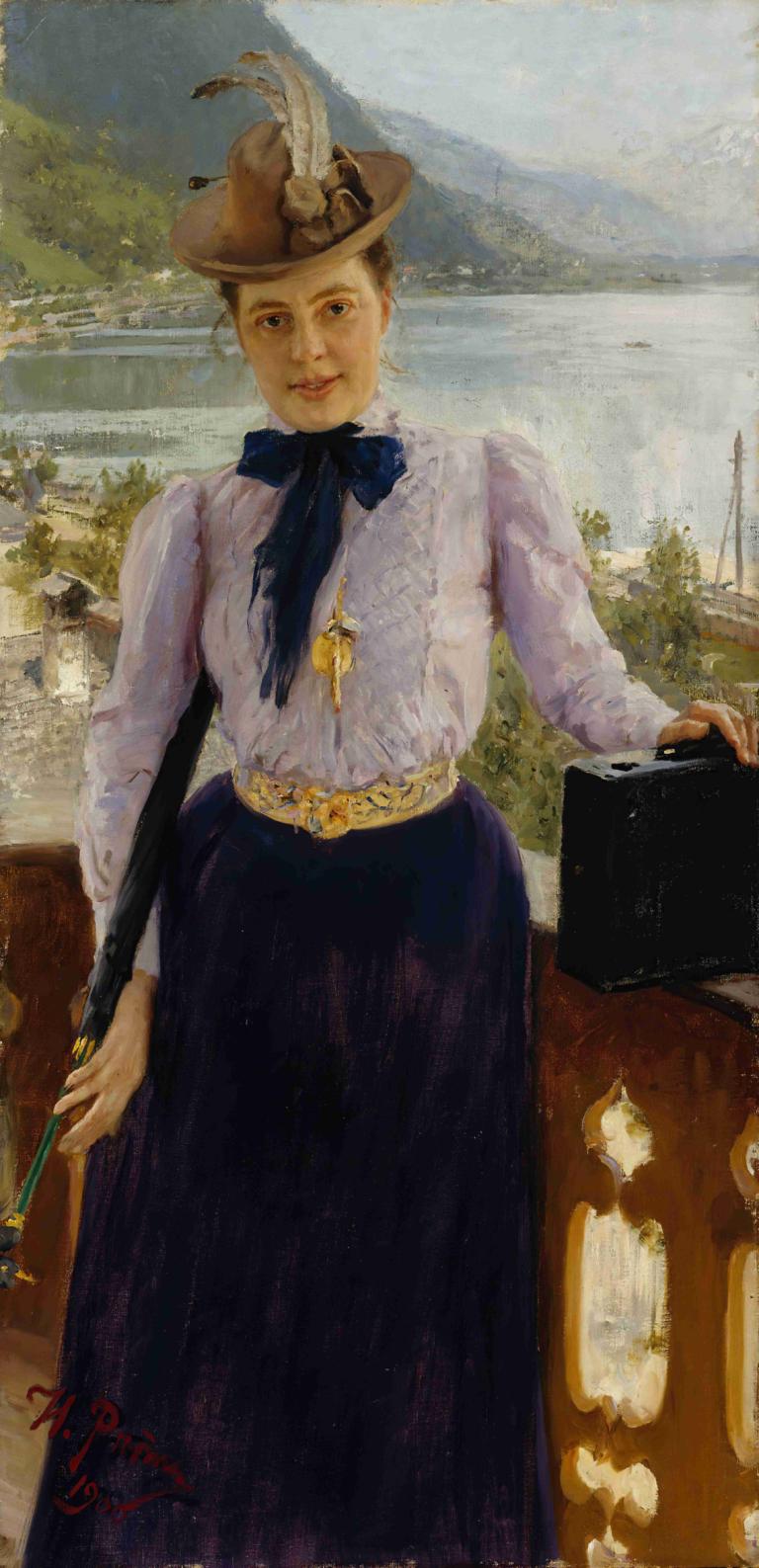 Portrait Of Natalia Nordmann,Ilya Efimovich Repin,Oil Painting,Oil Painting, solo, hat, skirt, shirt