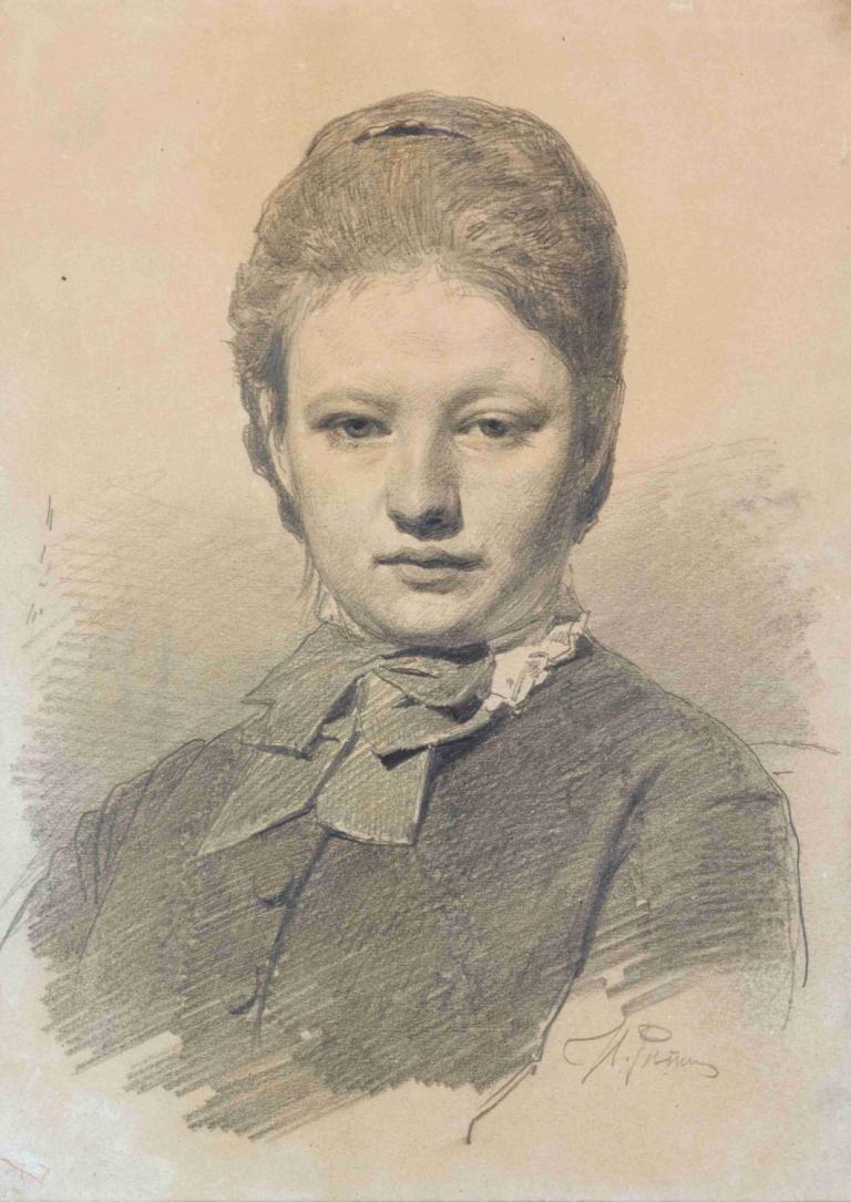 Portrait Of Sofia Repina,Ilya Efimovich Repin,Sketch,Sketch, solo, traditional media, 1boy, monochrome