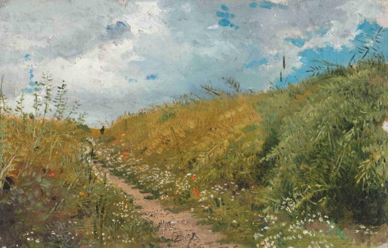 Road Through A Dell,デルを抜ける道,Ilya Efimovich Repin,イリヤ・エフィモビッチ・レーピン,油絵,油絵, 屋外, 雲, 空, 景色, 草, 花, 分野, 曇り空, 日