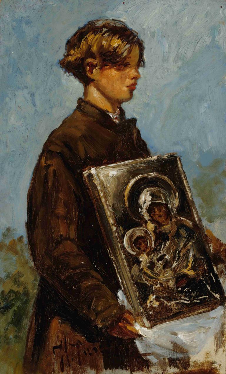 Young Boy Carrying An Icon, Sketch,背着图标的小男孩，素描,Ilya Efimovich Repin,伊利亚-叶菲莫维奇-列宾,油画,油画, 独奏, 短发, 保持, 绘画般的