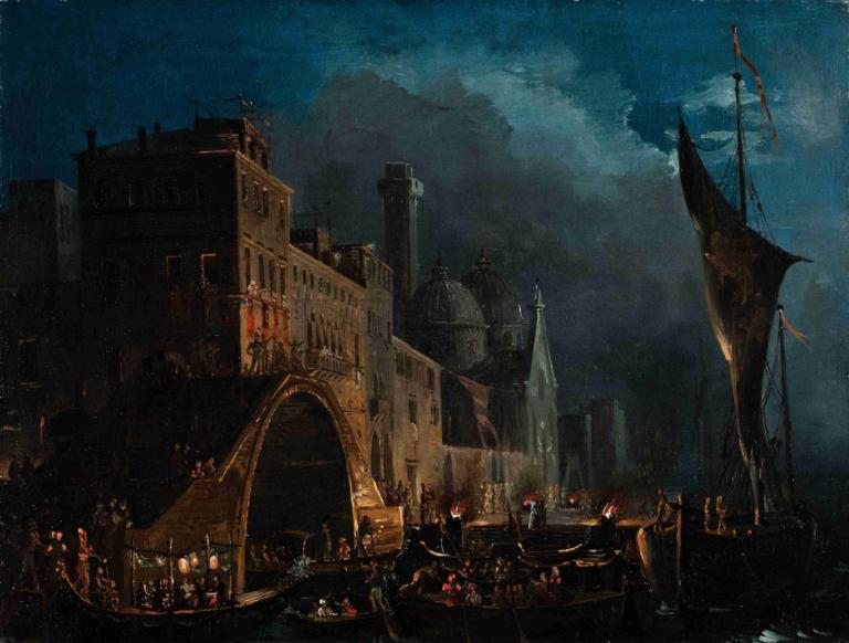 A Venetian Gala Night,Ippolito Caffi,Oil Painting,Oil Painting, scenery, watercraft, sky, flag, cloud