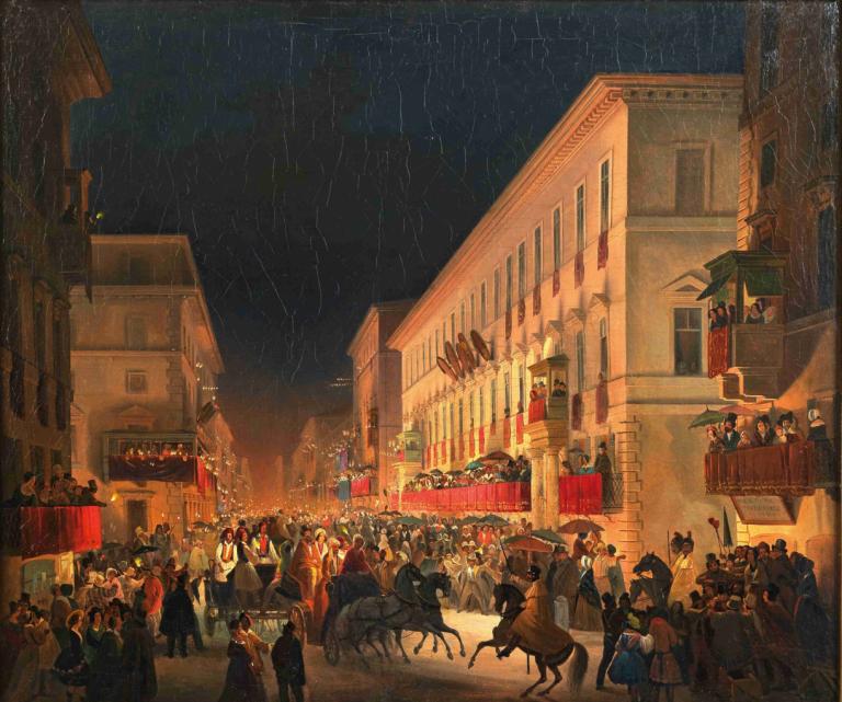 Carnival In Rome, The Feast Of Moccoletti,Ippolito Caffi,Oil Painting,Oil Painting, 6+boys, rain