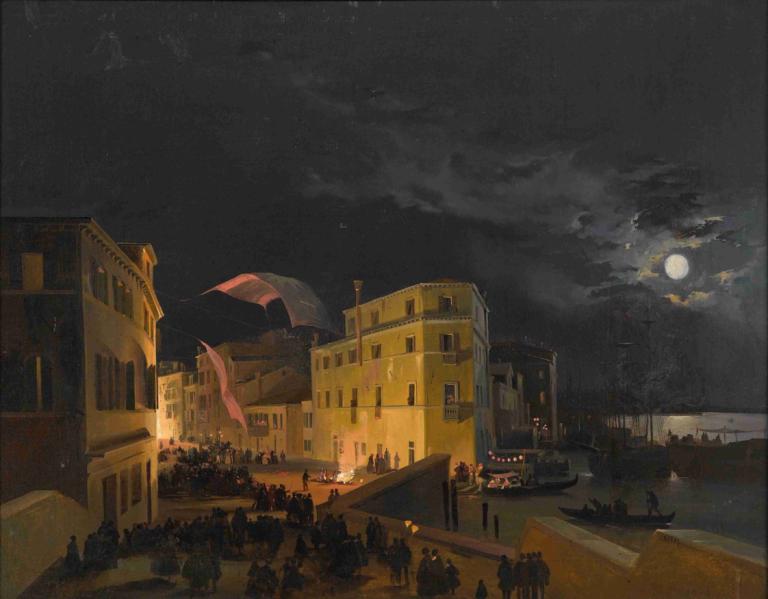 Festival in Venice,Ippolito Caffi,Oil Painting,Oil Painting, moon, sky, cloud, night, scenery, outdoors