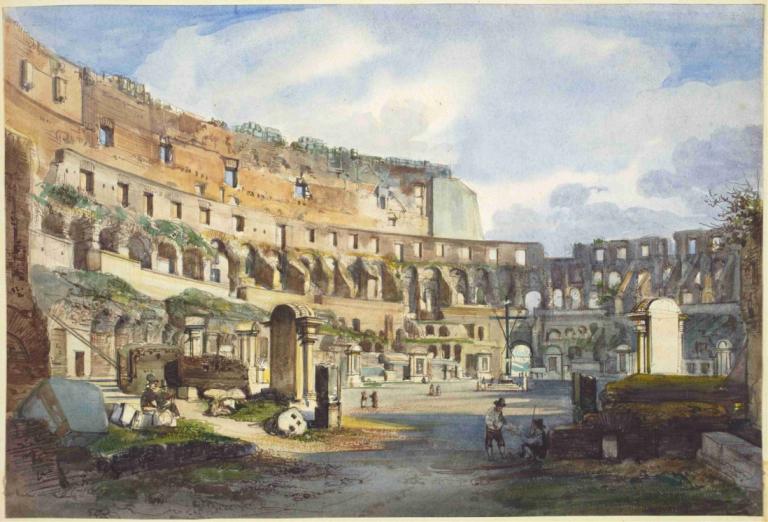 Interior of the Colosseum,Ippolito Caffi,Oil Painting,Oil Painting, scenery, tree, outdoors, sky, building