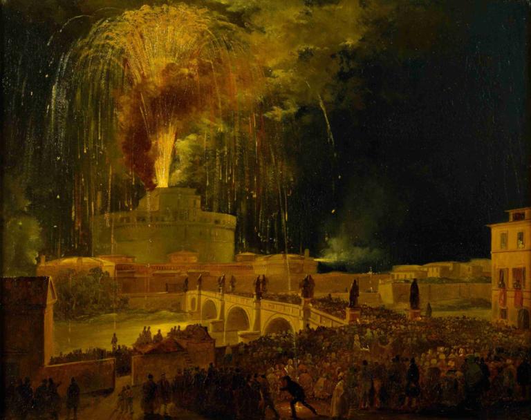 La Girandola Fireworks From Castel Sant'angelo In Rome,Ippolito Caffi,Oil Painting,Oil Painting, scenery