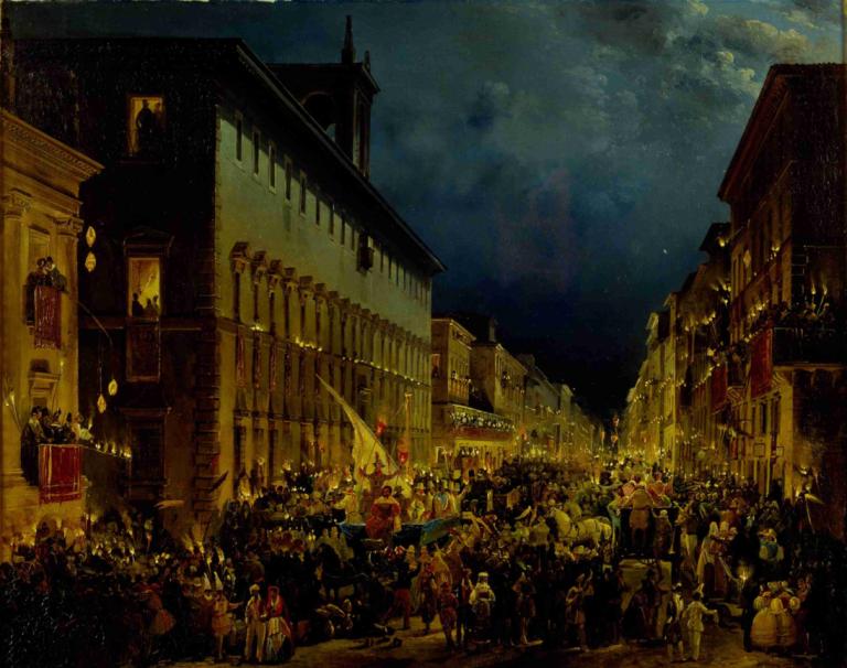 Moccoli Evening In Rome,Ippolito Caffi,Oil Painting,Oil Painting, scenery, night, sky, outdoors, city