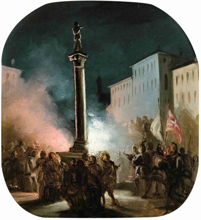 Piazza Colonna, Rome,Ippolito Caffi,Oil Painting,Oil Painting, crowd, weapon, 6+boys, soldier, round image