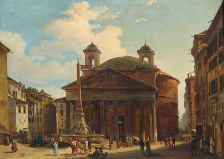 Rome, The Pantheon,Ippolito Caffi,Oil Painting,Oil Painting, sky, cloud, outdoors, building, scenery, day