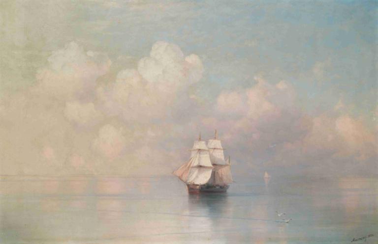 Calm Seas,平静的海面,Ivan Konstantinovich Aivazovsky,伊万-康斯坦丁诺维奇-艾瓦佐夫斯基,油画,油画, 云, 天空, 户外, 独奏, 水, 船只, 1个女孩, 风景