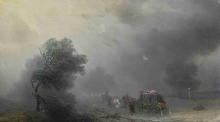 Carriage in a Storm,暴風雨中的馬車,Ivan Konstantinovich Aivazovsky,伊萬·康斯坦蒂諾維奇·艾瓦佐夫斯基,油畫,油畫, 樹, 風景, 雲, 戶外, 馬, 月亮, 天空