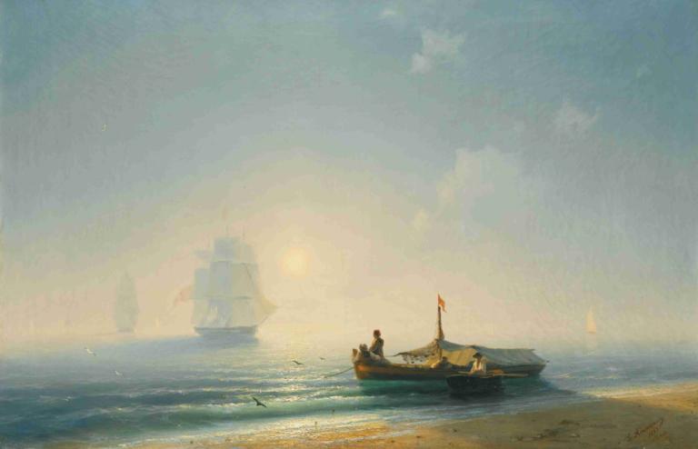 Fishermen At Dawn, Naples,Ivan Konstantinovich Aivazovsky,Oil Painting,Oil Painting, watercraft, outdoors