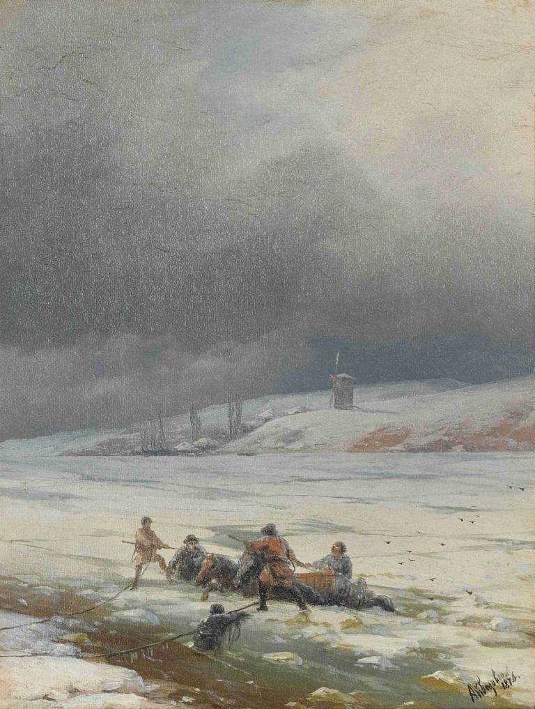 Hauling a Horse and Cart out of the Ice,Ivan Konstantinovich Aivazovsky,Oil Painting,Oil Painting