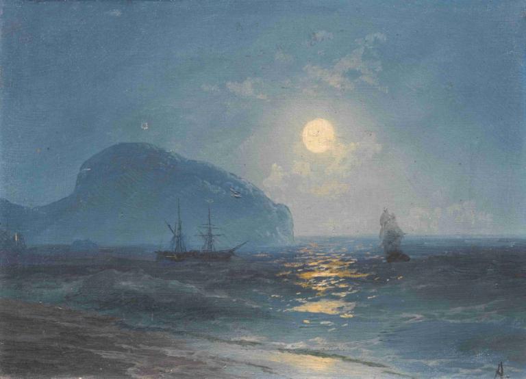 Moonlight,Ivan Konstantinovich Aivazovsky,Oil Painting,Oil Painting, moon, watercraft, ocean, scenery, sky