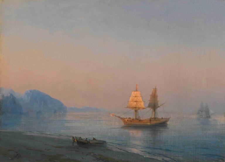 Morning In Yalta,Ivan Konstantinovich Aivazovsky,Oil Painting,Oil Painting, watercraft, no humans, scenery