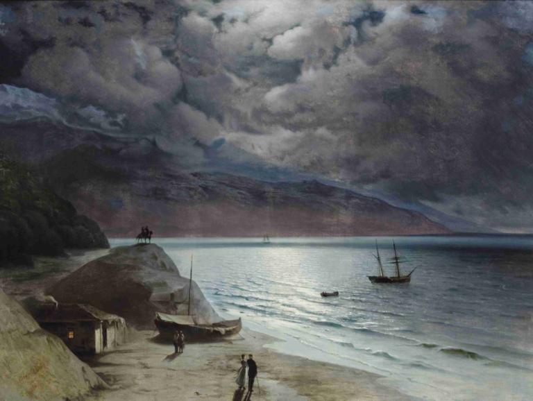 Night at Gurzof,Ivan Konstantinovich Aivazovsky,Oil Painting,Oil Painting, cloud, watercraft, scenery, ocean