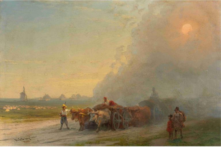 Ox-Carts In The Ukrainian Steppe,Ivan Konstantinovich Aivazovsky,Oil Painting,Oil Painting, multiple boys