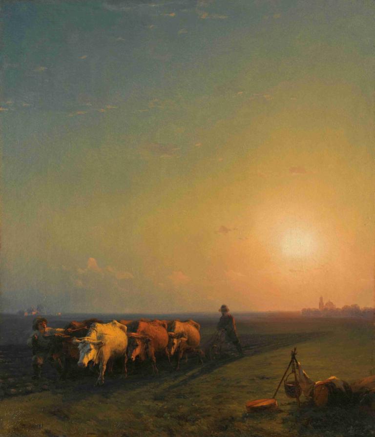 Ploughing The Fields, Crimea,Ivan Konstantinovich Aivazovsky,Oil Painting,Oil Painting, sunset, outdoors, sky