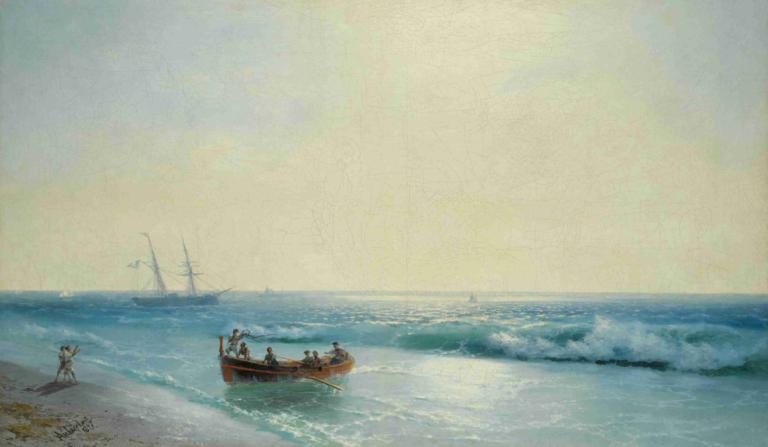 Sailors Coming Ashore,水手們上岸了,Ivan Konstantinovich Aivazovsky,伊萬·康斯坦蒂諾維奇·艾瓦佐夫斯基,油畫,油畫, 船隻, 海洋, 船, 波浪, 傳統媒體