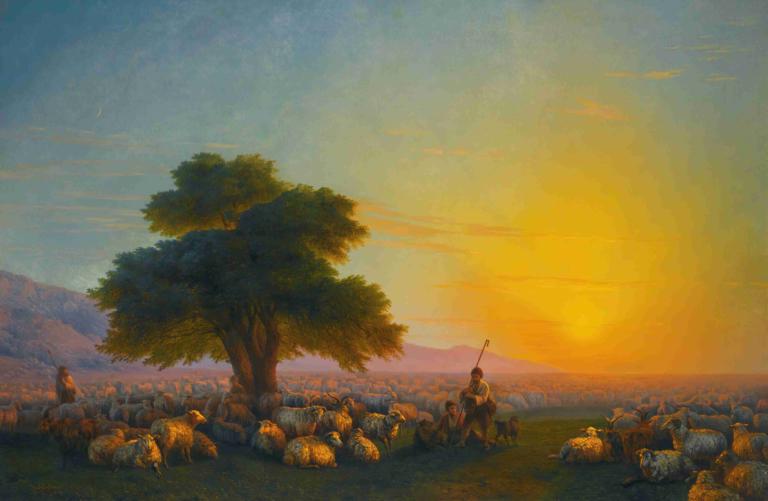 Shepherds With Their Flock At Sunset,Ivan Konstantinovich Aivazovsky,Oil Painting,Oil Painting, scenery, tree