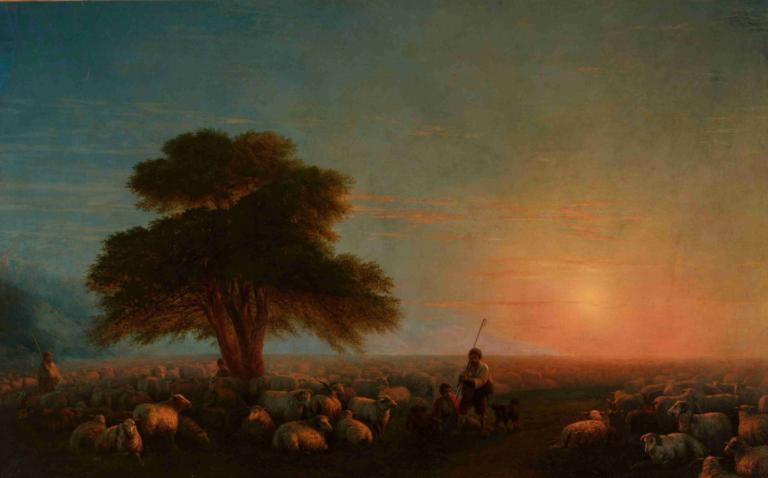 Shepherds with a flock of sheep,Ivan Konstantinovich Aivazovsky,Oil Painting,Oil Painting, scenery, tree