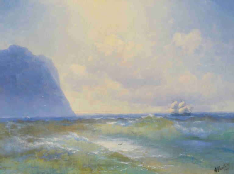 Ship At Sea,Ivan Konstantinovich Aivazovsky,Oil Painting,Oil Painting, no humans, outdoors, scenery, ocean