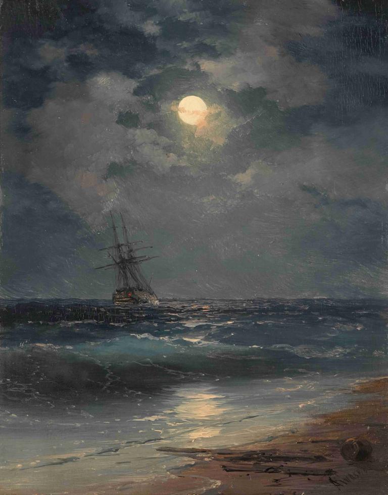 Ship by Moonlight,Ivan Konstantinovich Aivazovsky,Oil Painting,Oil Painting, ocean, no humans, moon