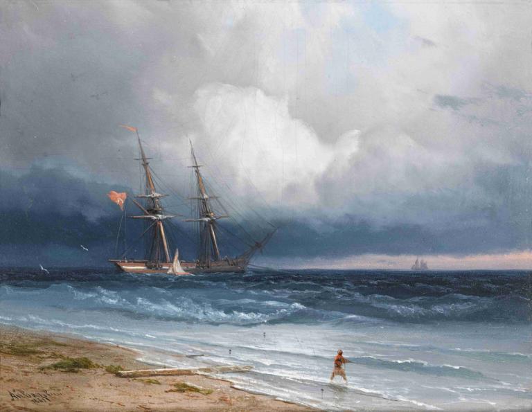 Ship by the Shore,Ivan Konstantinovich Aivazovsky,Oil Painting,Oil Painting, watercraft, ocean, ship, cloud