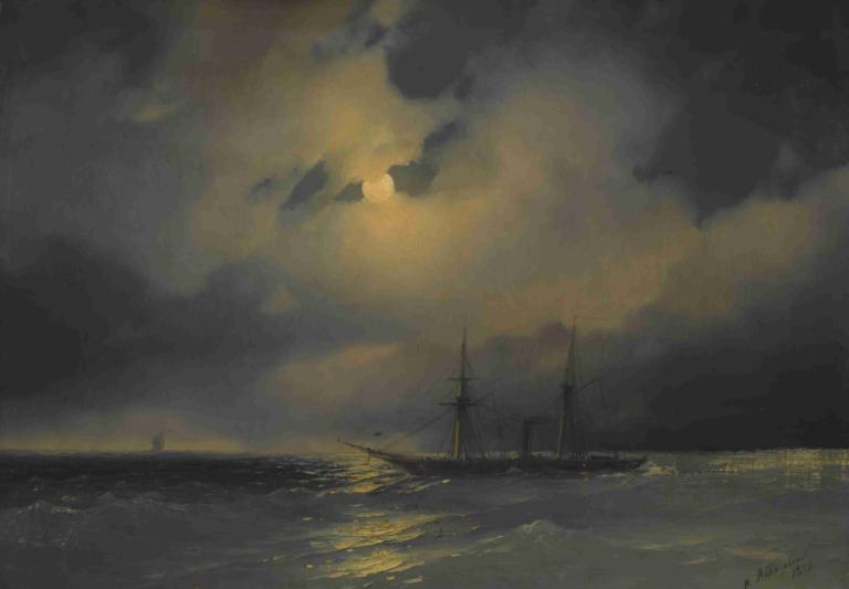 Shipping In Moonlight,Ivan Konstantinovich Aivazovsky,Oil Painting,Oil Painting, cloud, no humans, scenery