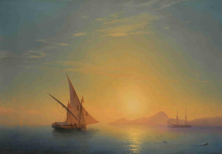 Sunset Over Ischia,伊斯基亞的日落,Ivan Konstantinovich Aivazovsky,伊萬·康斯坦蒂諾維奇·艾瓦佐夫斯基,油畫,油畫, 風景, 沒有人類, 船隻, 船, 天空, 戶外