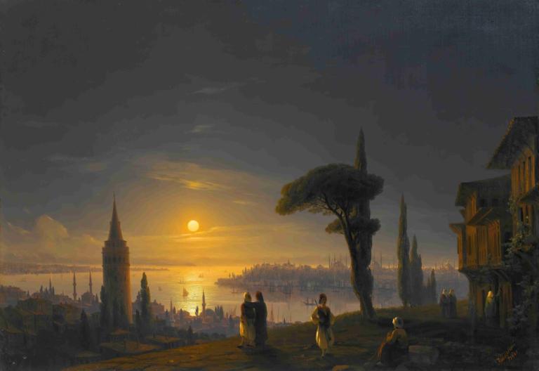 The Galata Tower By Moonlight,月光下的加拉塔塔,Ivan Konstantinovich Aivazovsky,伊万-康斯坦丁诺维奇-艾瓦佐夫斯基,油画,油画, 树, 风景, 户外, 太阳