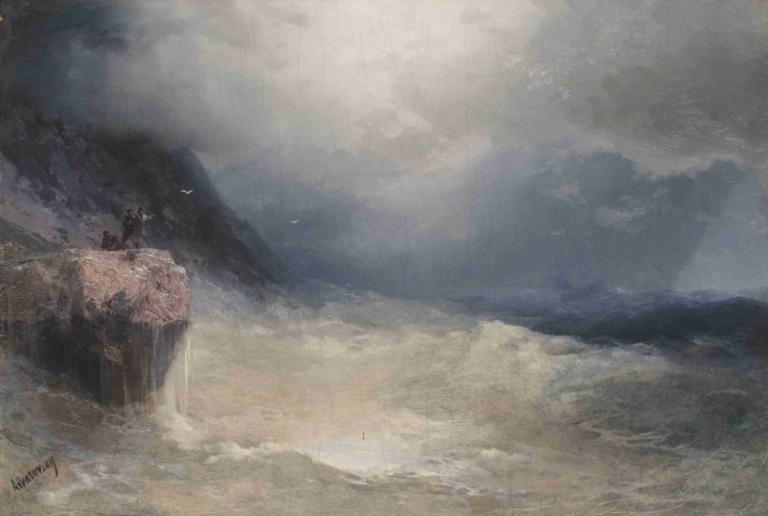 The Survivor,Ivan Konstantinovich Aivazovsky,Oil Painting,Oil Painting, scenery, outdoors, tree, cloud, solo