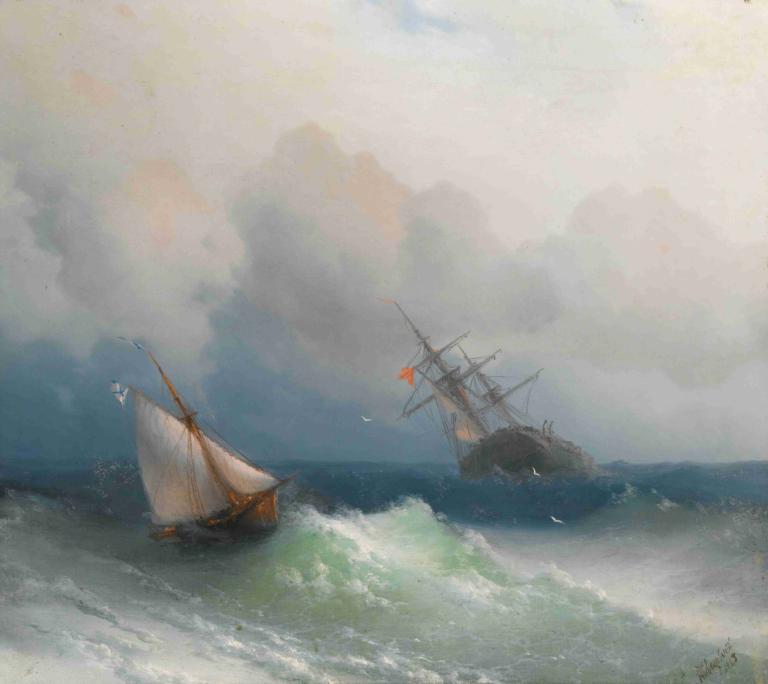 Two Ships At Sea,Ivan Konstantinovich Aivazovsky,Oil Painting,Oil Painting, watercraft, no humans, ocean