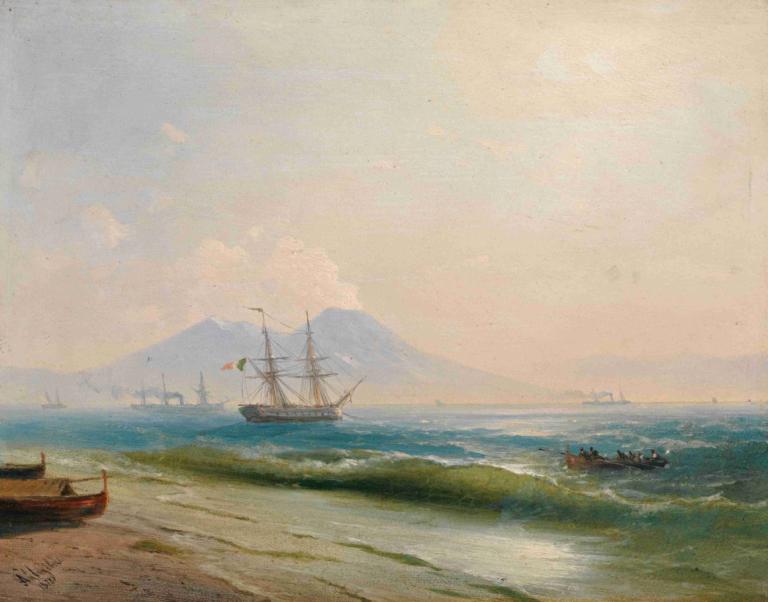 View Of  Mount Vesuvius,Ivan Konstantinovich Aivazovsky,Oil Painting,Oil Painting, watercraft, no humans