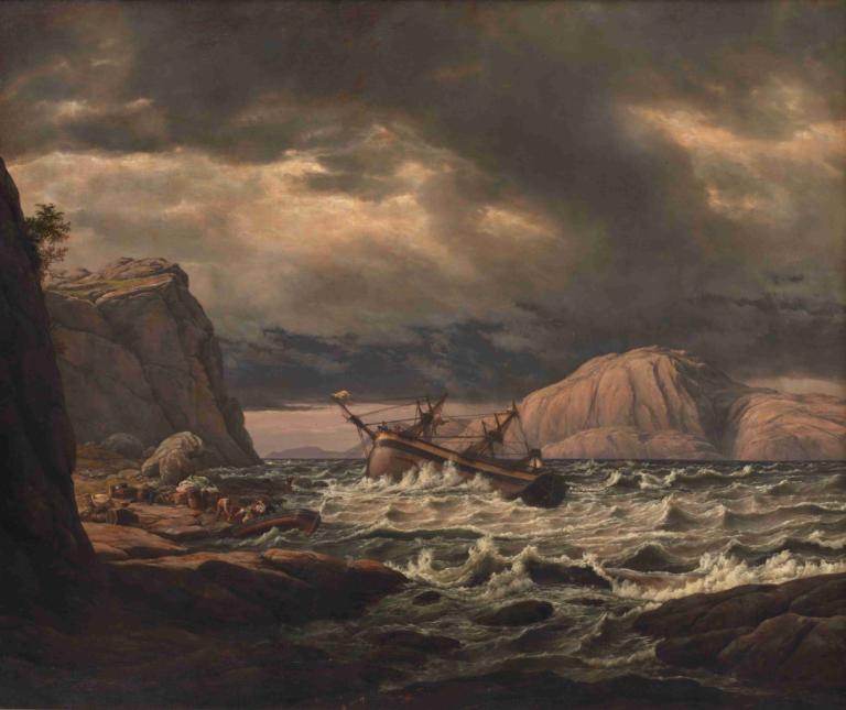 A Shipwreck on the Coast of Norway,J.C. Dahl,Oil Painting,Oil Painting, no humans, cloud, scenery, ocean