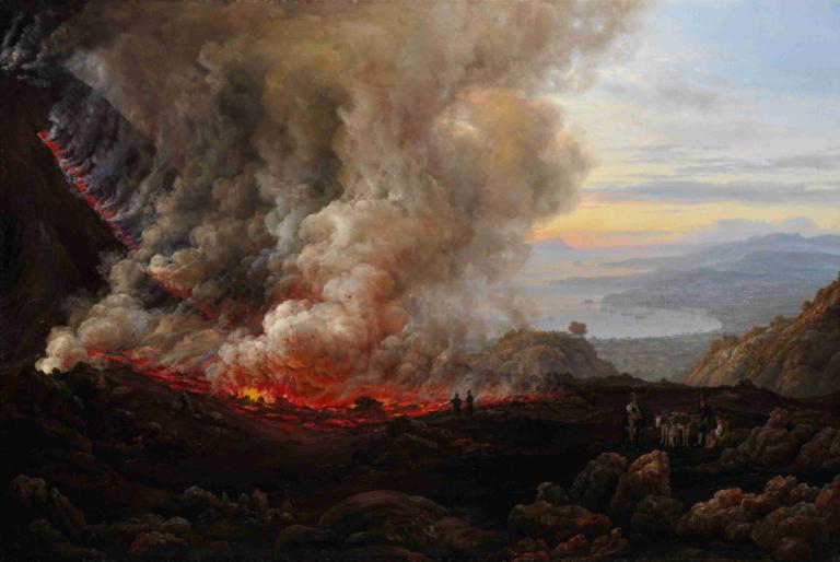 An Eruption of Vesuvius,J.C. Dahl,Oil Painting,Oil Painting, scenery, fire, smoke, outdoors, cloud, sky