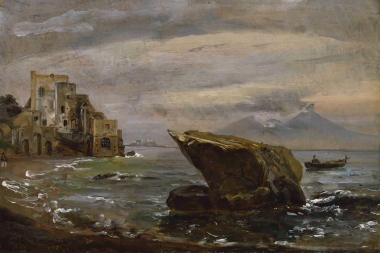 Beach near Posillipo,J.C. Dahl,Oil Painting,Oil Painting, no humans, scenery, outdoors, cloud, water, ocean