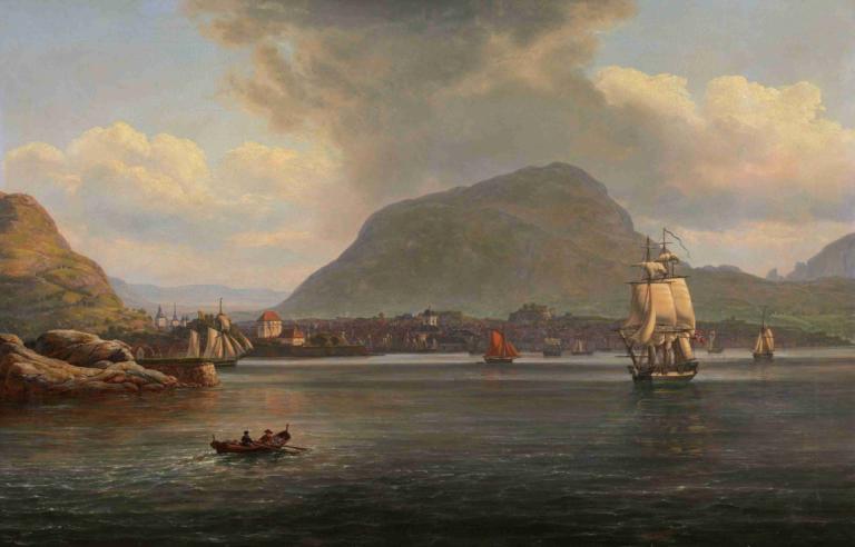 Bergen seen from the northern Inlet,J.C. Dahl,Oil Painting,Oil Painting, watercraft, no humans, cloud