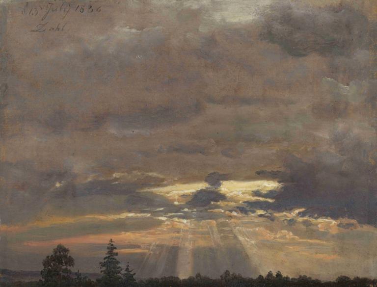 Cloud Study with Sunbeams,J.C. Dahl,Oil Painting,Oil Painting, cloud, scenery, no humans, sky, tree